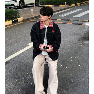 撞色cleanfit格纹夹克牛仔外套男女生秋季新款宽松夹克 JK8963图片