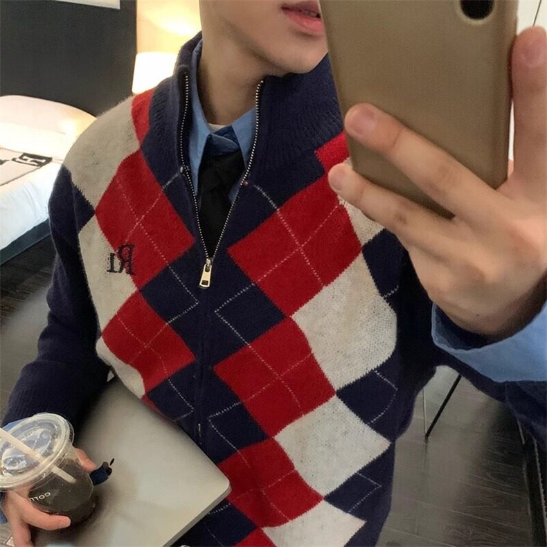 【有货】D2384-特P58美式学院风经典菱形格开衫毛衣慵懒风毛衣，男装针织衫/毛衣，星座603-2