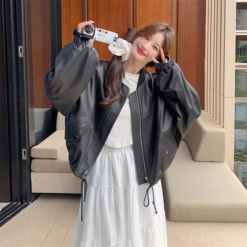 黑色高级感皮衣外套女2025春季新款美式复古宽松休闲小个子机车服,女装皮草,诺蝶