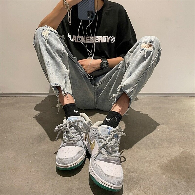 破洞裤子男装做旧潮牌高街直筒九分美式街头夏季hiphop牛仔裤薄款,男装牛仔裤,星座506A