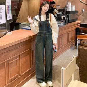 港风复古工装牛仔背带裤女春秋2025新款宽松慵懒风绝美炸街阔腿裤图片