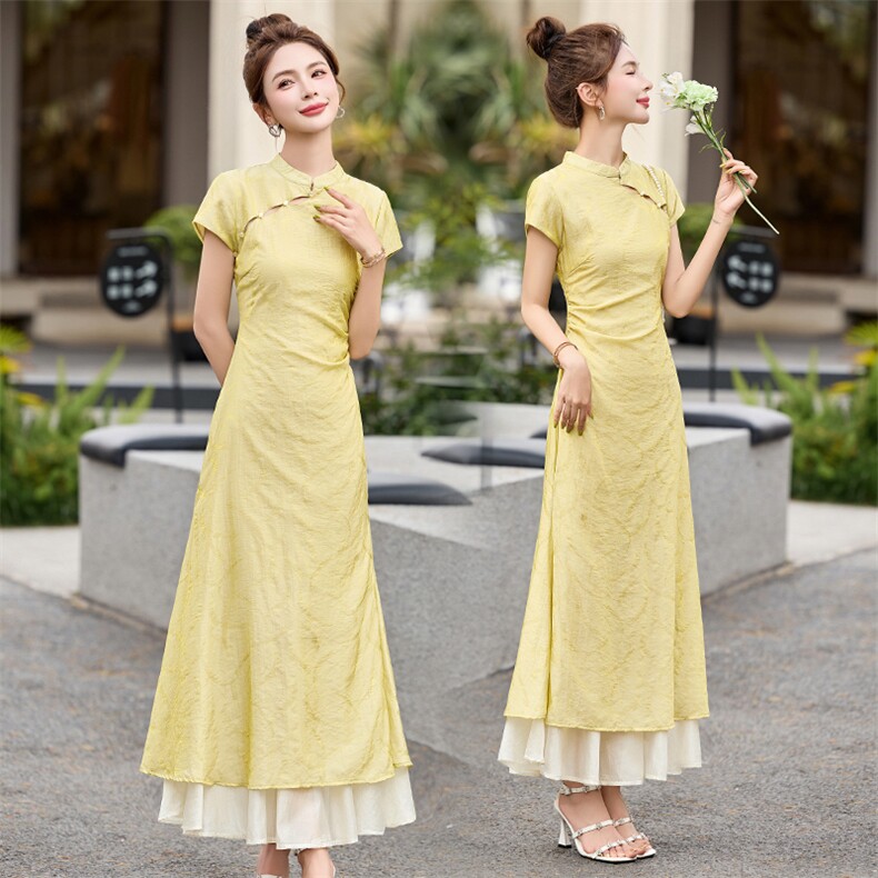 新中式国风改良旗袍女夏装洋气优雅修身气质清冷感复古长款连衣裙，女装连衣裙，依多米