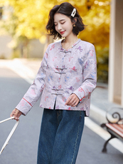 夏女装官网新款2025春季织锦缎国风外套长袖复古盘扣百搭外套，女装短外套，新依时派