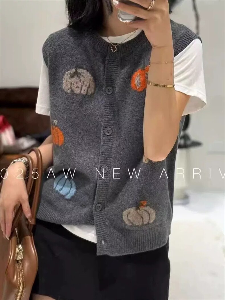 2025秋冬百搭时尚简约南瓜提花马甲针织衫，女装针织衫/毛衣，梵泰羊绒