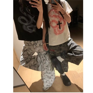 美式复古直筒迷彩裤女街头高级感百搭宽松堆积感长裤子潮N8334图片