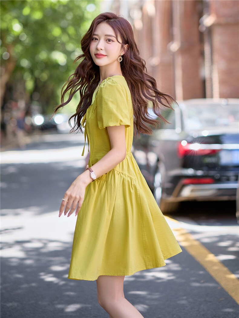 法式茶歇设计连衣裙女夏2025新款绝美泡泡袖收腰显瘦小个子A字裙,女装连衣裙,难舍钰依