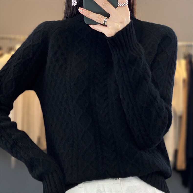 半高领羊毛衫女秋冬2024年新款潮短款纯色百搭紧身螺纹打底衫,女装羊毛衫,蒙特羊绒