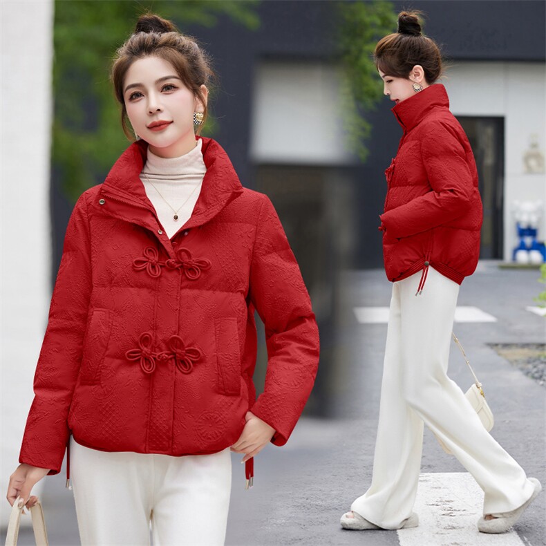红色盘扣羽绒棉服女短款2025冬季新款小个子时尚气质小款棉袄外套,女装棉衣/棉服,尚娜萱