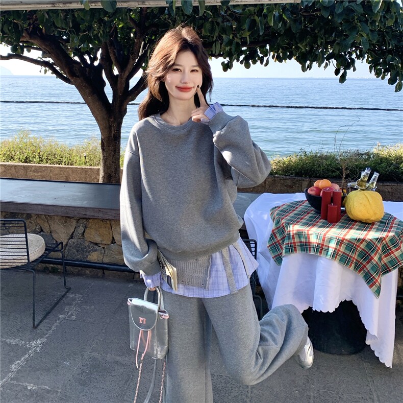 韩系慵懒休闲风格纹拼接卫衣套装女2026春季阔腿裤时尚减龄两件套，女装套装/套裙，艾米莉亚