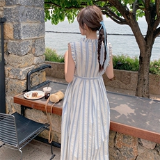 法式小清新条纹度假背心连衣裙女装新款夏季小个子宽松减龄长裙子，女装连衣裙，C位