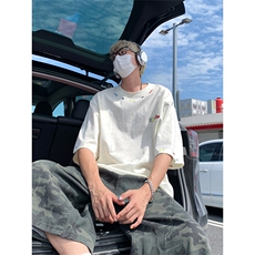美式重磅做旧绣花短袖t恤圆领宽松半袖情侣上衣T3684-特价P35，男装T恤，电商A007