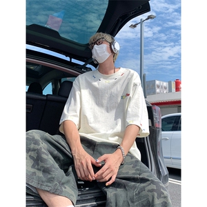 美式重磅做旧绣花短袖t恤圆领宽松半袖情侣上衣T3684-特价P35图片