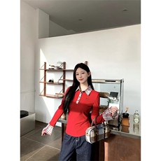 甜辣妹撞色拼接POLO领针织衫女冬季红色毛衣修身内搭长袖打底上衣，男装T恤，星座506A