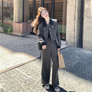 法式复古毛呢短外套高腰阔腿裤套装女2025秋新款高级感显瘦两件套图片