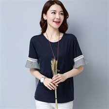 新款韩国版型木耳边短袖蕾丝纯棉撞色条纹T恤930款，女装T恤，秋牧寒烟