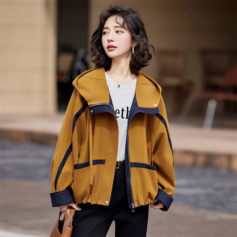 自留款推荐~撞色连帽短外套女2025春秋拼接时尚潮流休闲气质上衣,女装短外套,靓衣阁