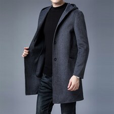 KCN2255-9秋冬男士连帽外套修身呢子羊毛中长款大衣风衣P385，男装风衣，电商B360