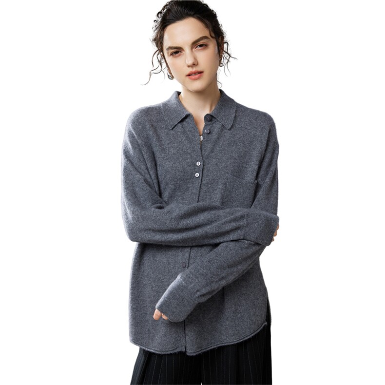 长袖纯色山羊绒2024年秋季开衫POLO领时尚35%羊绒衬衫,女装羊绒衫,萨奥羊绒