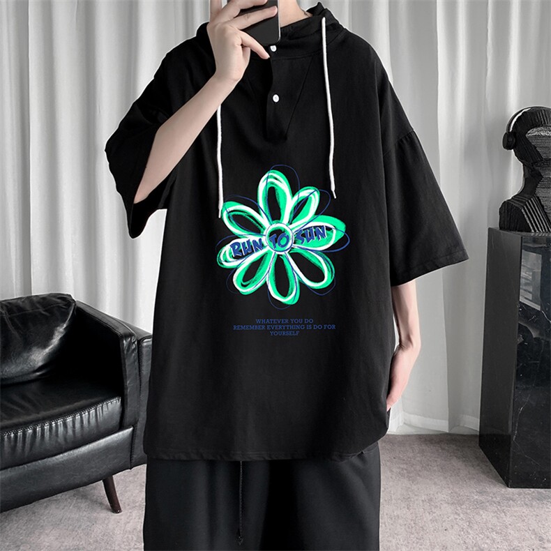 LD54170-P45 连帽短袖t恤男大码胖子带帽五分袖中袖图片