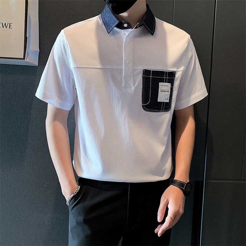 2025新款夏季Polo衫T恤男短袖潮牌拼接半袖体恤A313-1-W401-P55,男装T恤,电商A313-1