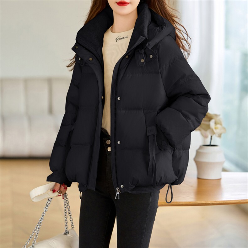 休闲毛绒拼接立领连帽保暖羽绒服女2024冬新款短款90白鸭绒面包服,女装羽绒服,余墨