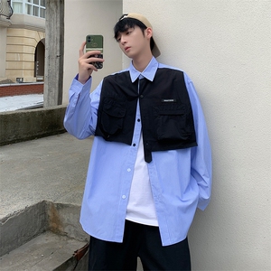 秋季日系拼接宽松衬衫男假两件高街ins工装外套衬衣 W5597-P45图片