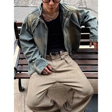 现货水洗黄泥染蓝色立领牛仔夹克男痞帅宽松拉链外套潮网图JK1229，男装夹克，星座302B-3