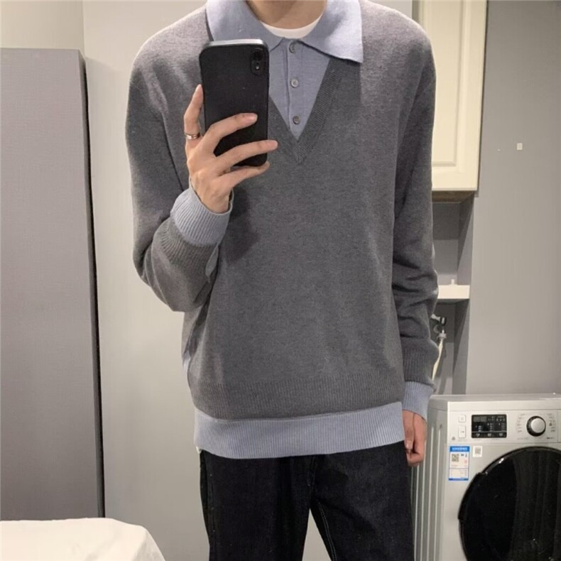 2025新款冬季复古百搭宽松慵懒灰色假两件翻领撞色针织毛衣男,男装针织衫/毛衣,星座506A