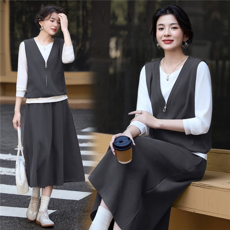 松弛感休闲套装裙女2025秋季新款假两件拼接长袖上衣半身裙两件套,女装套装/套裙,简韵佳