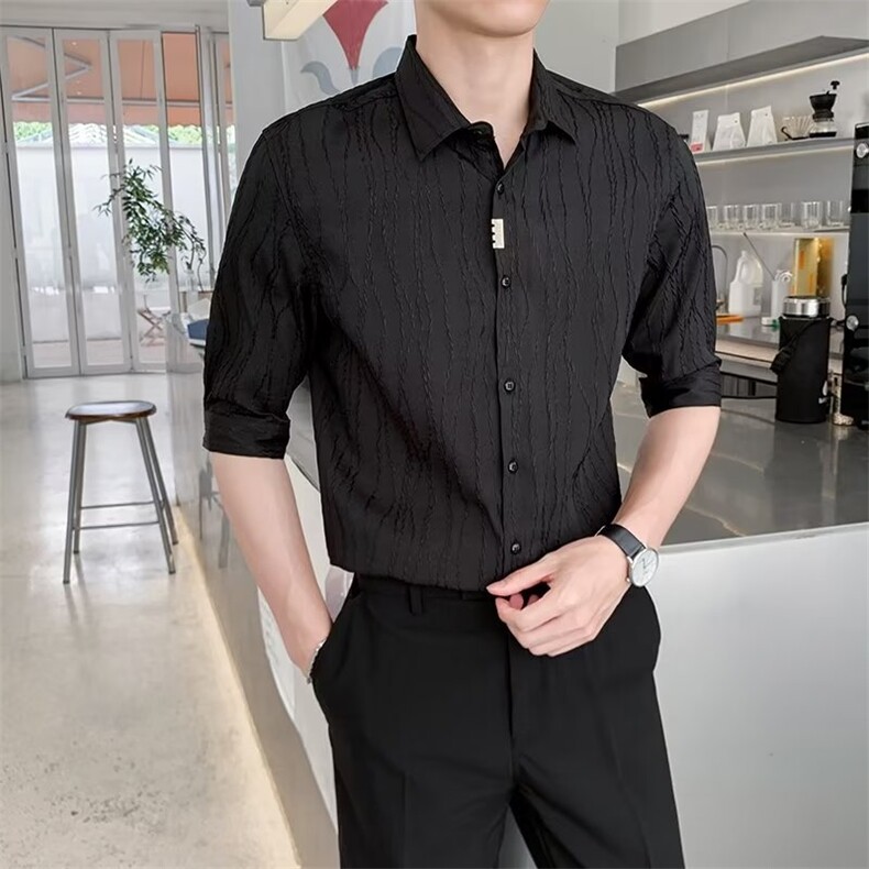 春夏季男士韩版条纹衬衫男七分袖弹力修身衬衣轻熟风寸衫潮C57,男装衬衫,星座1116A-2（原606A-1）