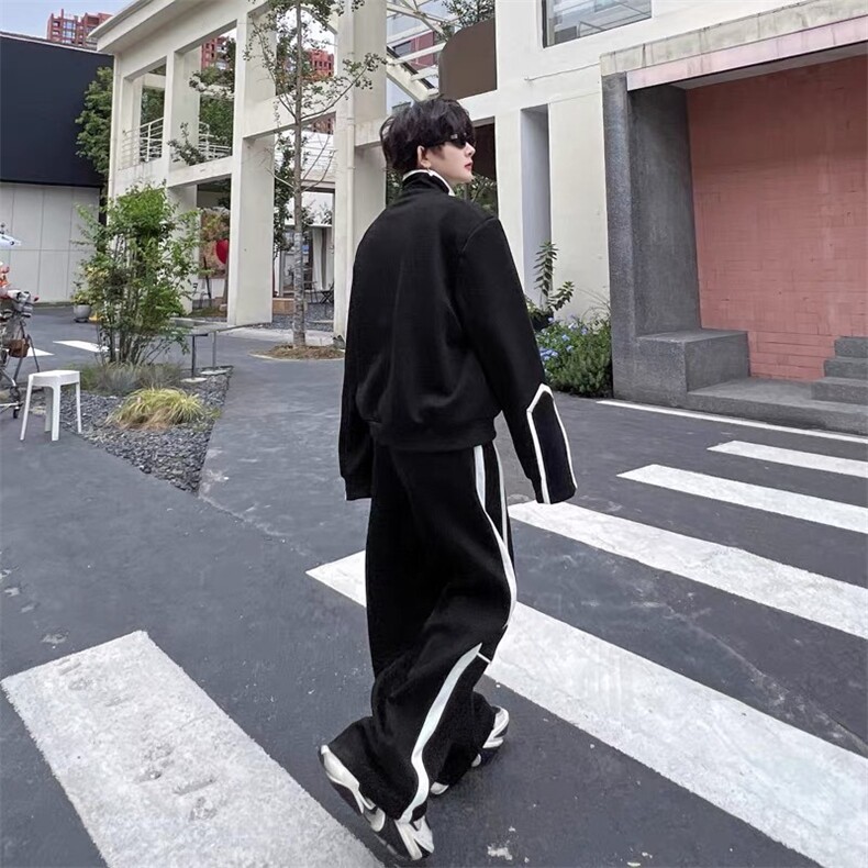 W10378-P118网图现货潮牌高街撞色立领夹克套装直筒长裤两件套,男装休闲套装,星座1608