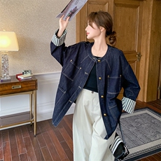 条纹拼接牛仔外套女2025春季新款休闲超火小个子宽松百搭夹克上衣，女装短外套，2C108