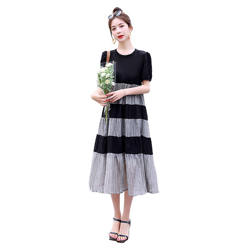 黑色拼色设计感小众连衣裙女夏季新款法韩版宽松休闲遮肉显瘦裙子,女装连衣裙,蓝诺裳