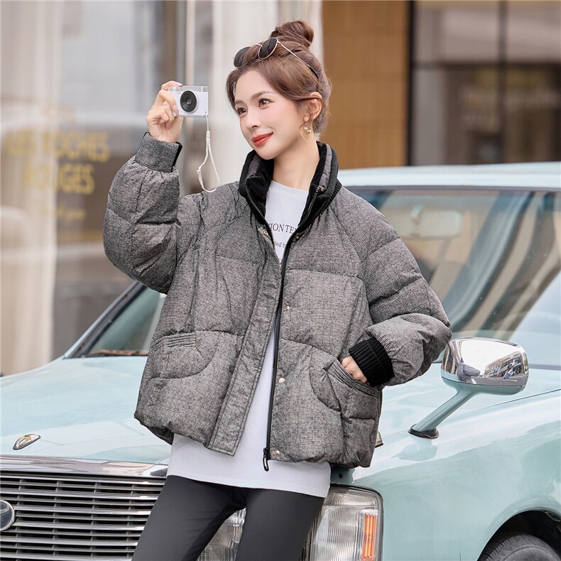 时尚个性格子立领白鸭绒羽绒服女2025冬季新款保暖防寒羽绒外套潮,女装羽绒服,余墨