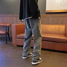 牛仔裤男生直筒拖地ins高街潮牌宽松复古港风老爹长裤子9059-p45，男装牛仔裤，星座1008-1
