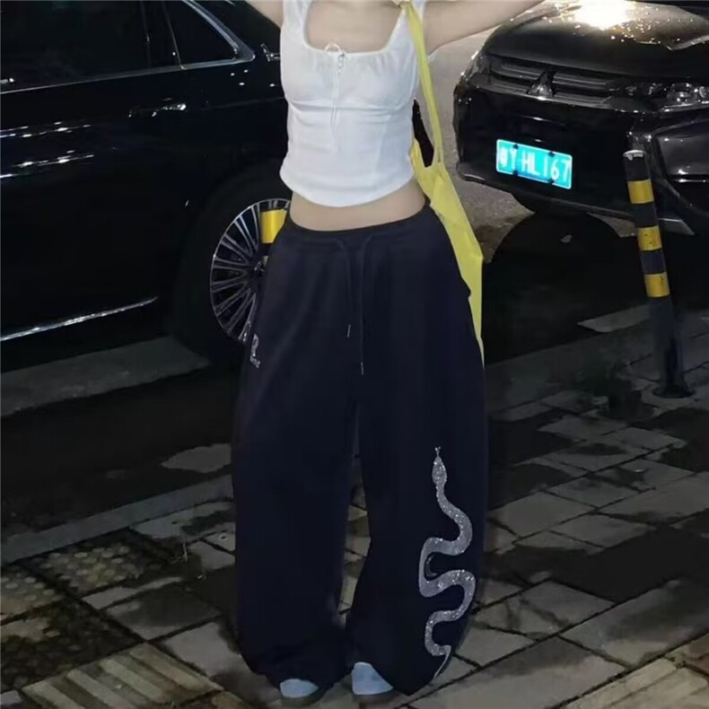 街舞潮牌超薄黑色爵士珍珠印花速干长裤嘻哈美式跳舞运动裤,女装休闲裤,星座1210-1