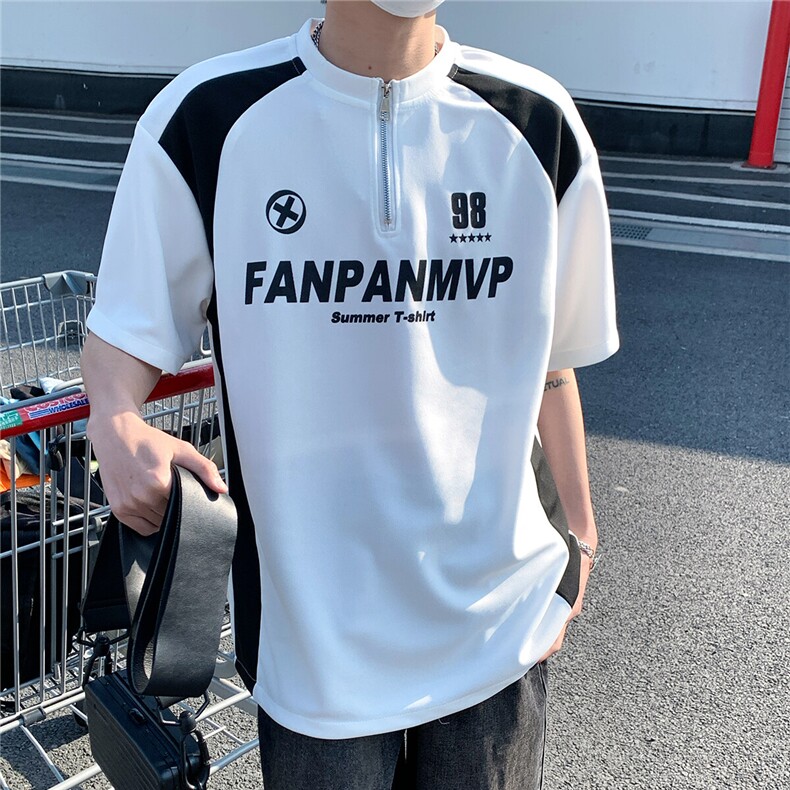 2026夏装新款薄款金属拉链拼接印花五分袖T恤T6605/特P30白色5,男装T恤,电商A094