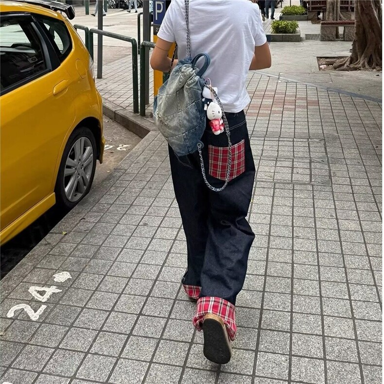 DN0084-特P45美式格子拼接卷边牛仔裤男女阔腿情侣长裤-网图现货,男装牛仔裤,星座603-2