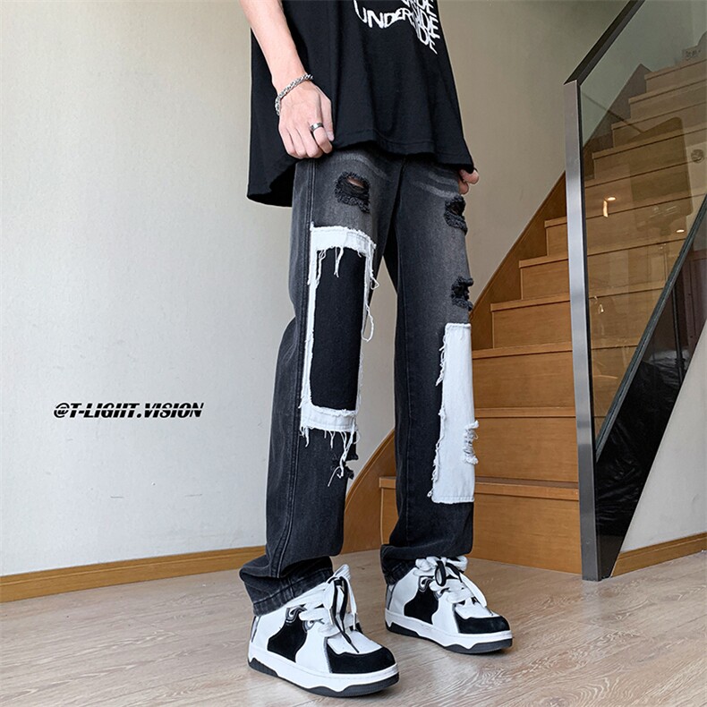 B221美式ins高街小众个性拼接宽松破洞牛仔裤LK23099-P65控88,男装牛仔裤,电商B221