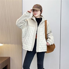2025冬装新款修身保暖时尚菱形格个性拼接女士棉服外套，女装棉衣/棉服，江忆布依