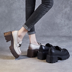 增高厚底乐福鞋2024春季新款粗高跟真皮英伦小皮鞋金属扣休闲单鞋，女鞋小皮鞋，星座1407-3