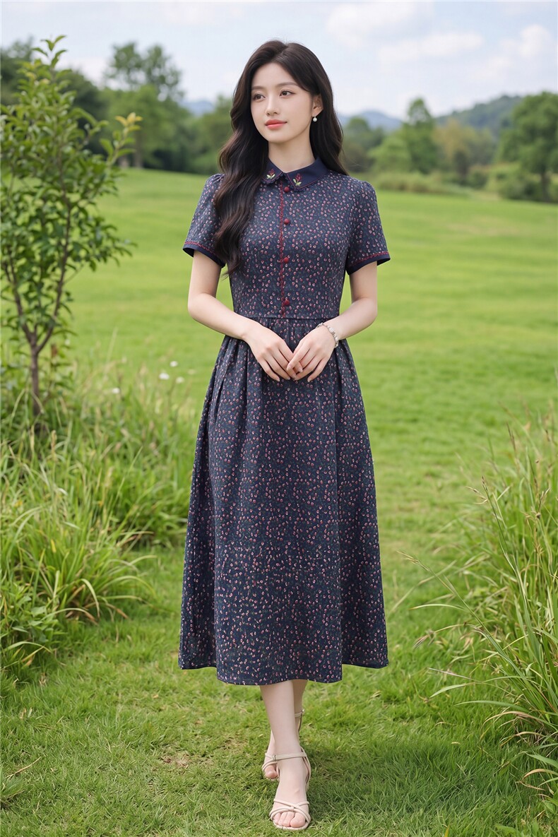 田园风斜领碎花刺绣连衣裙女春夏收腰显瘦中长裙,女装连衣裙,水衣源