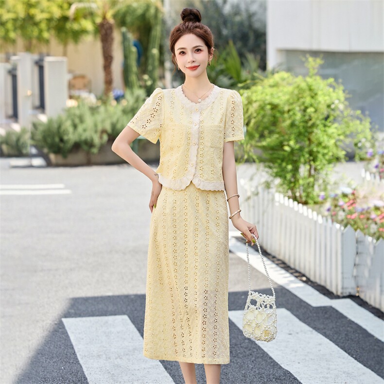 小香风蕾丝套装裙女2025夏季新款气质显瘦刺绣开叉半身裙两件套潮,女装套装/套裙,布芭啦