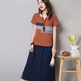 纯色通勤V领中腰套头大摆型短袖中长款贴布两件套2021年夏季，女装套装/套裙，丽影随形