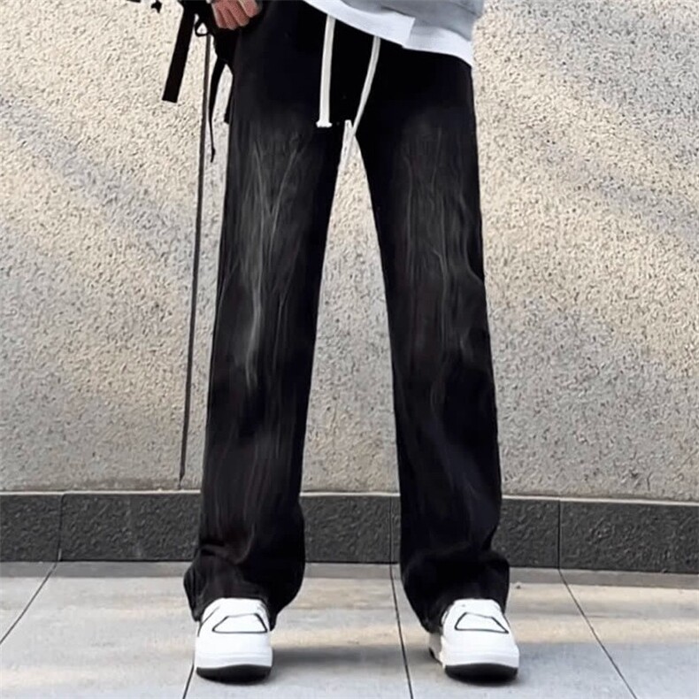 松紧腰美式扎花闪电纹直筒宽松牛仔裤男女百搭高街设计感长裤子潮,男装牛仔裤,星座218-1（原230）