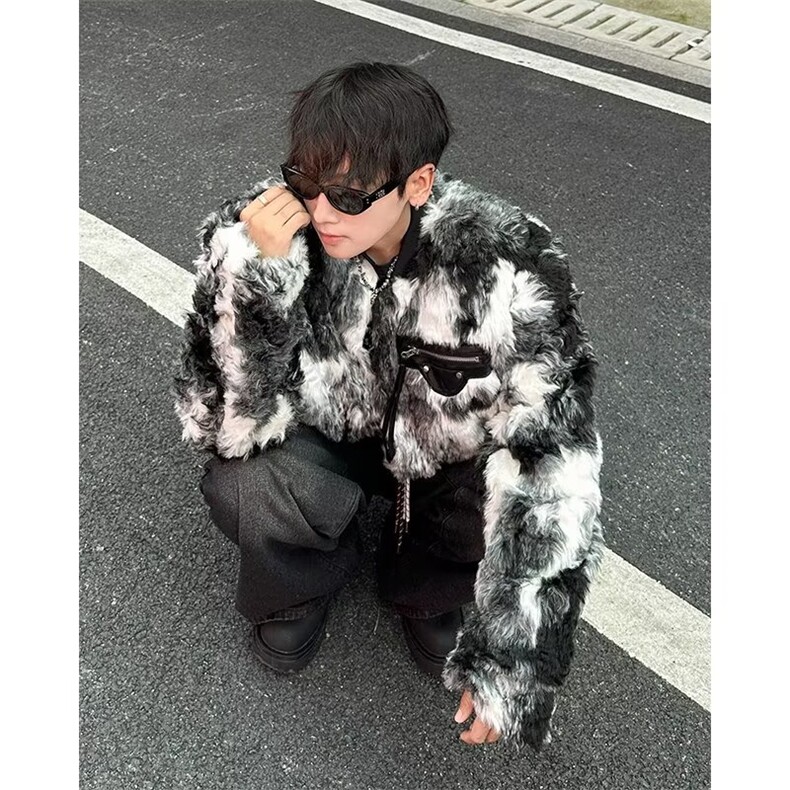 棒球领潮常规款青少年标准扎染羊羔毛夹棉拼色毛绒外套秋季2464,男装毛呢大衣,星座506