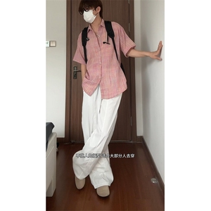 现货CS21-特P32夏季薄款男女宽松格子短袖衬衫半袖寸衣外套