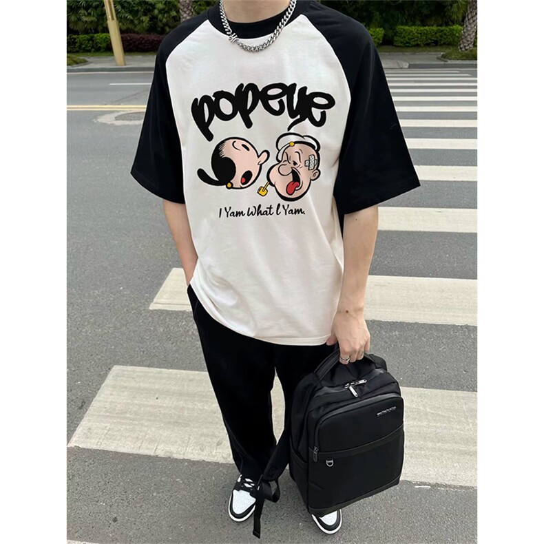 抖音得物供货240克宽松纯棉美式潮牌印花插肩袖拼接短袖T恤AT1514,男装T恤,电商A443