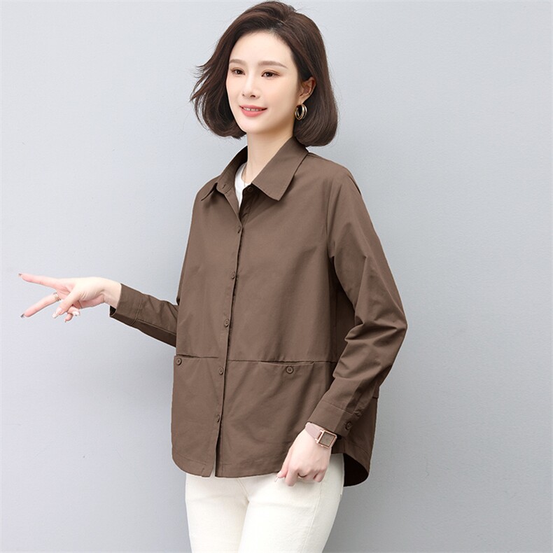 纯色衬衫女春秋2025年新款时尚宽松长袖上衣中年妈妈休闲衬衣外套,女装衬衫,雪樱依海