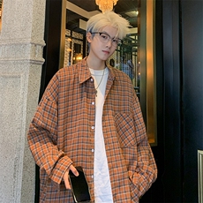 衬衫男秋季新款港风宽松大码磨毛格子长袖衬衣CS580-P38(现货），男装衬衫，星座214-3